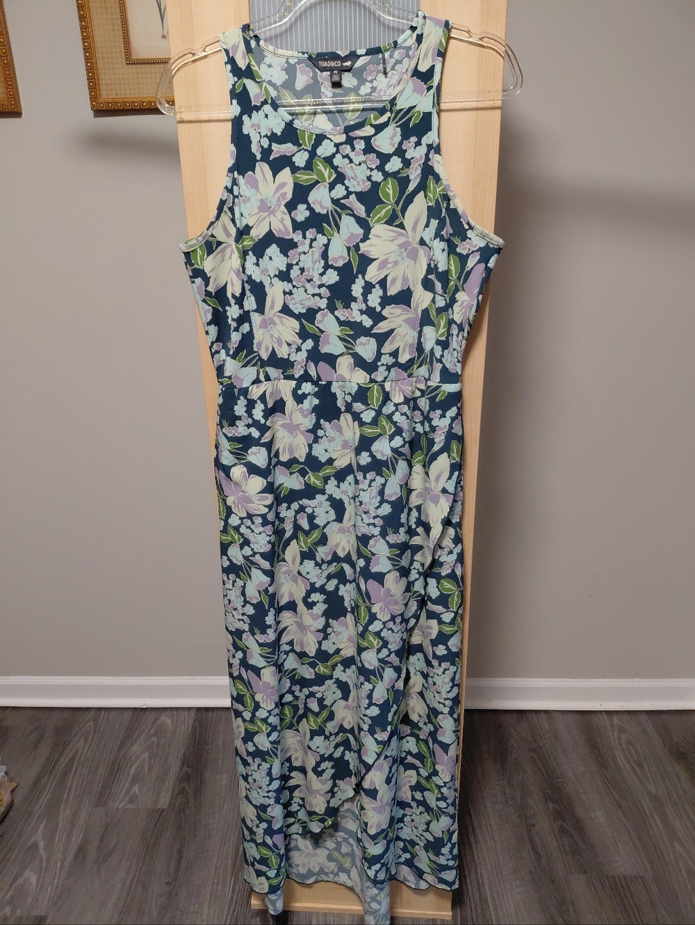 Toad&Co Teal Floral Sleeveless Maxi Dress W/Cutaway Skirt & Open Back
